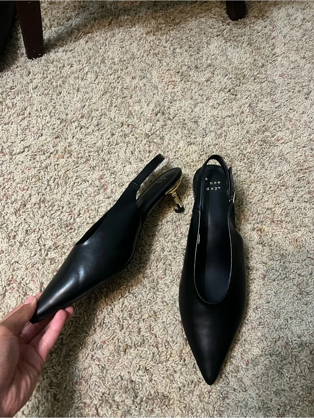 a new day Black Pointed Slingback Heels with Gold Accent